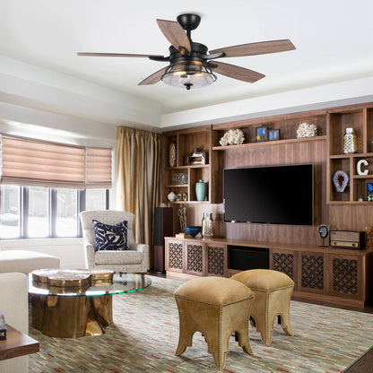 52 Industrial Seeded Glass Black Decorative Ceiling Fan with Remote and Light Kit