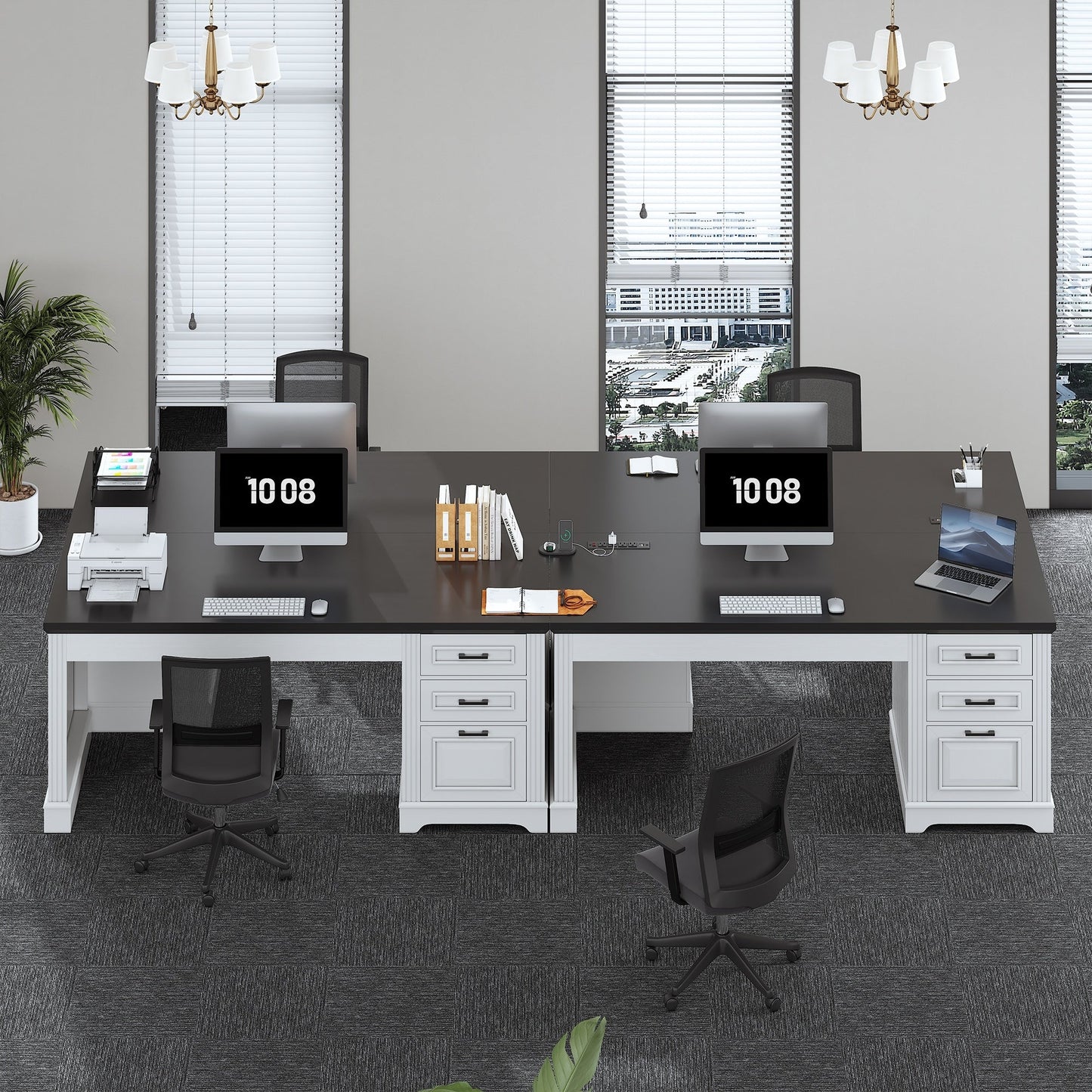 Farmhouse Executive Desk Home Office Desk File Drawer Monitor Stand Power Outlet