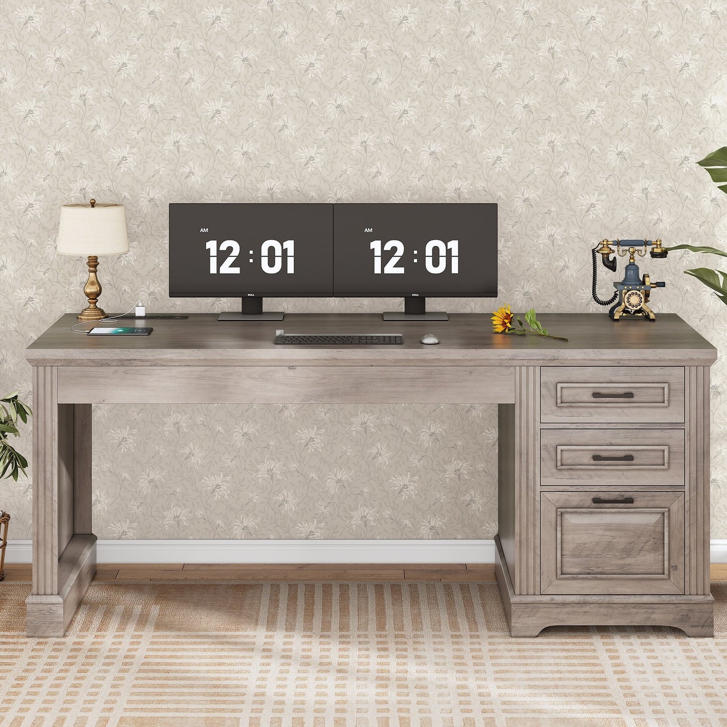 Farmhouse Executive Desk Home Office Desk File Drawer Monitor Stand Power Outlet