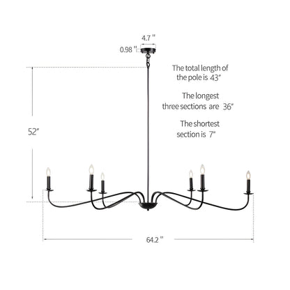 6 Light 64 Inches Minimalist Chandelier in Matte Black / Gold /Chrome - N/A