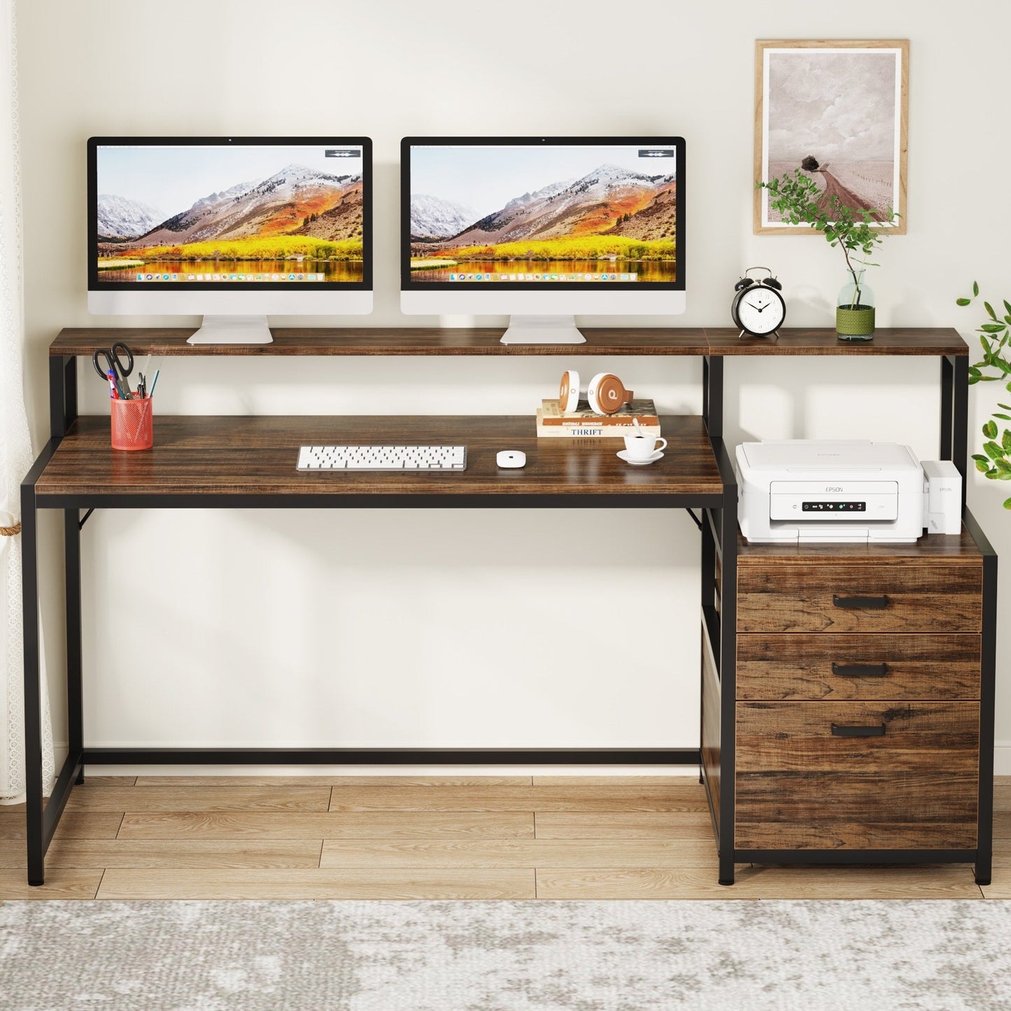 63 Computer Desk with Monitor Stand, Ergonomic Home Office Desks with Drawers File Cabinet