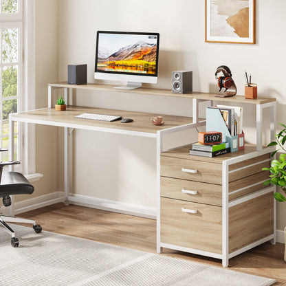 63 Computer Desk with Monitor Stand, Ergonomic Home Office Desks with Drawers File Cabinet