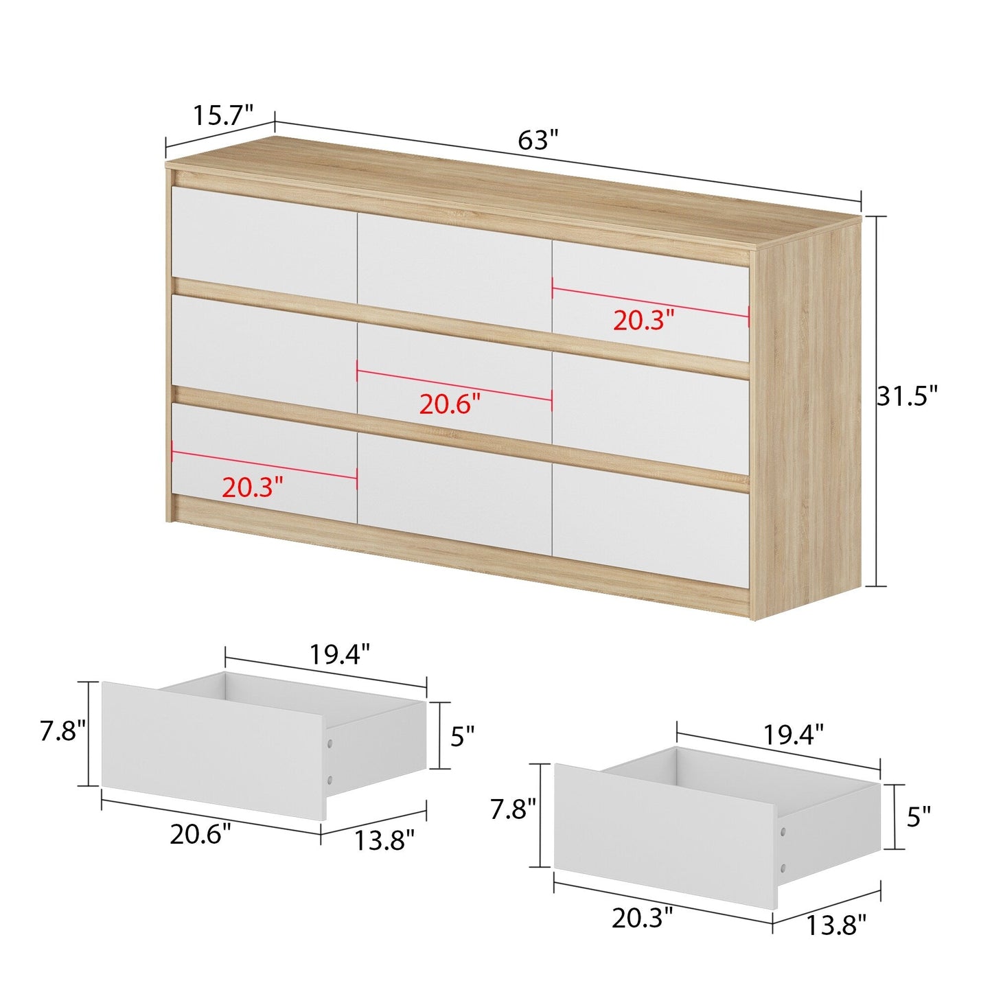 63W 9 Drawer Dresser Accent Dresser for Living Room Bedroom Chest