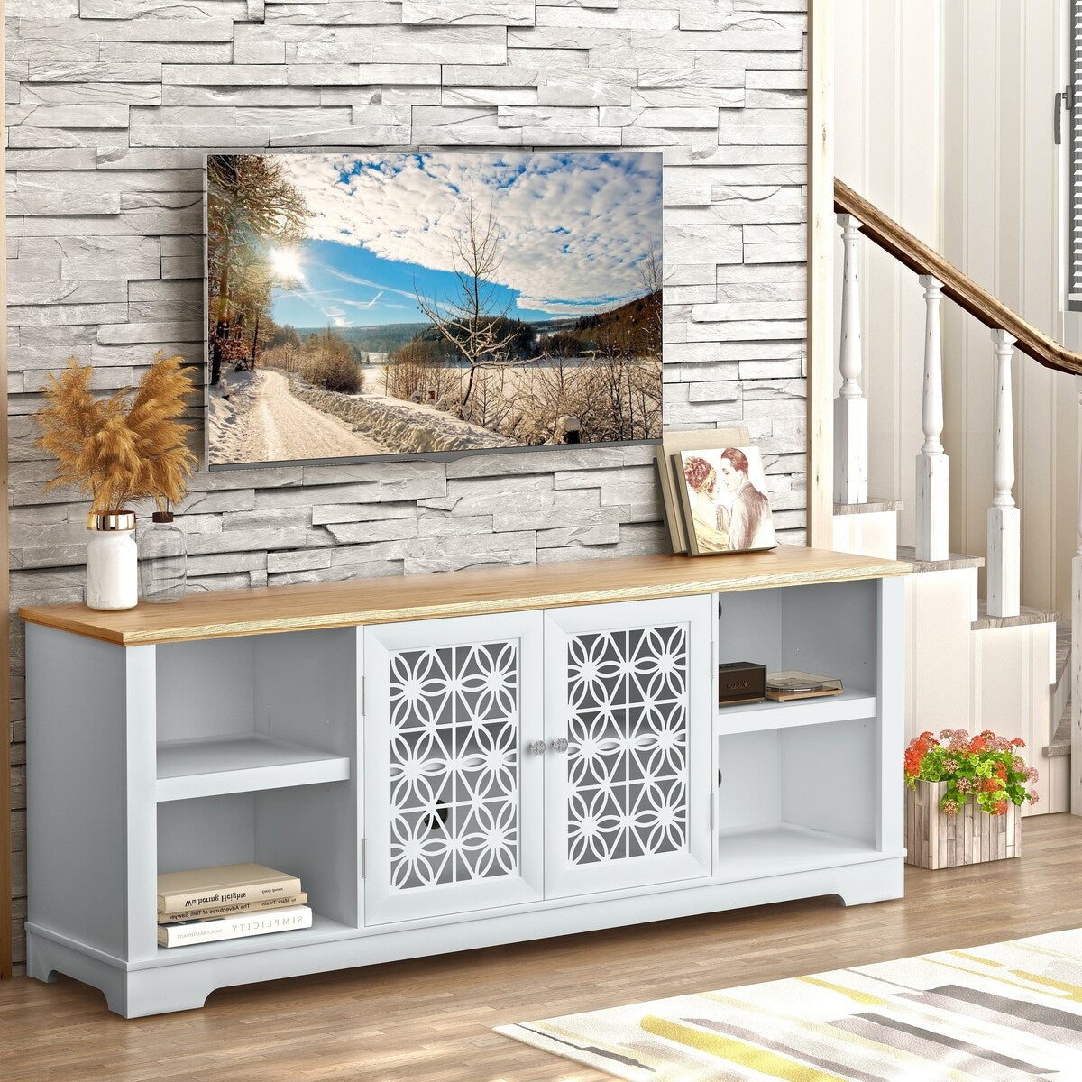 70 in. Rustic Decorative Floral Door TV Stand for up to 80 TVs