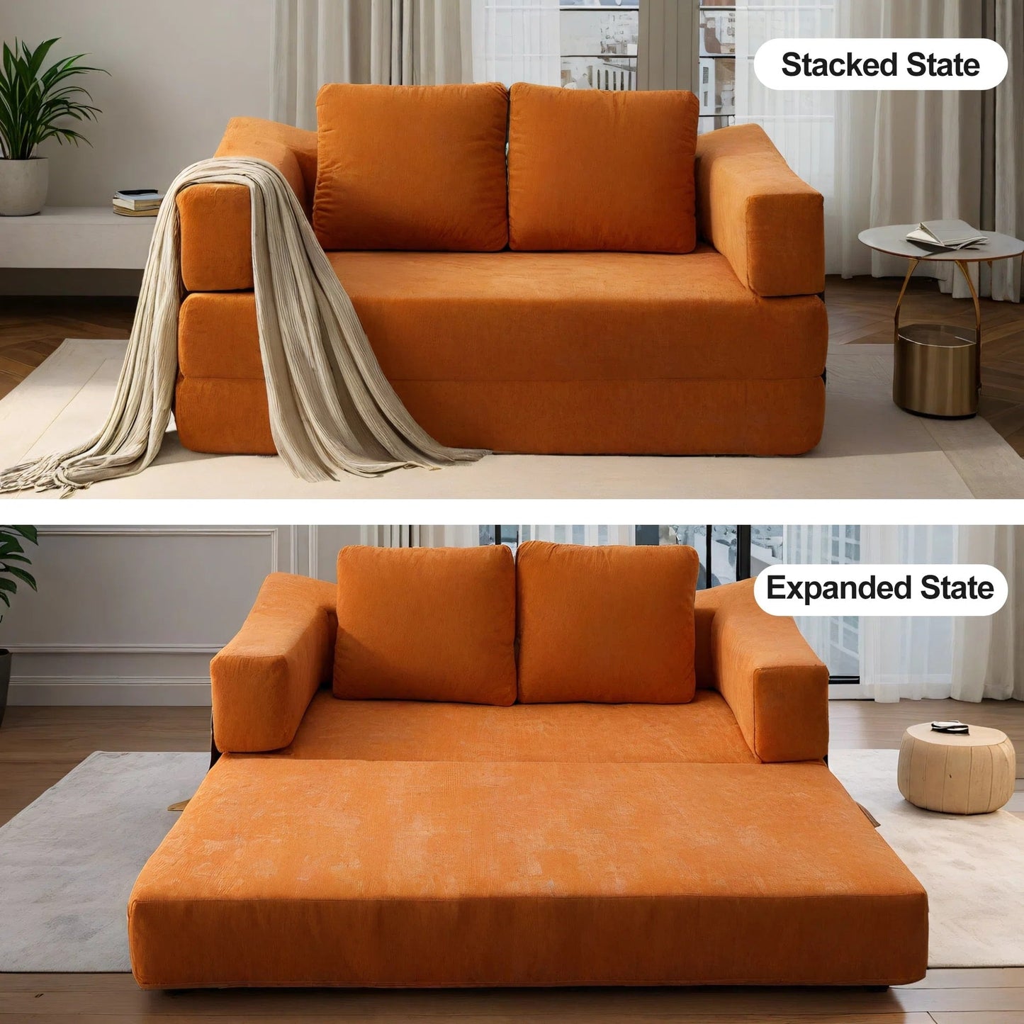 70.87 Upholstered Convertible Sleeper Sofa, Convertible Chair Floor Couch Comfy Sofa for Living Room, Bedroom, Chenille Fabric