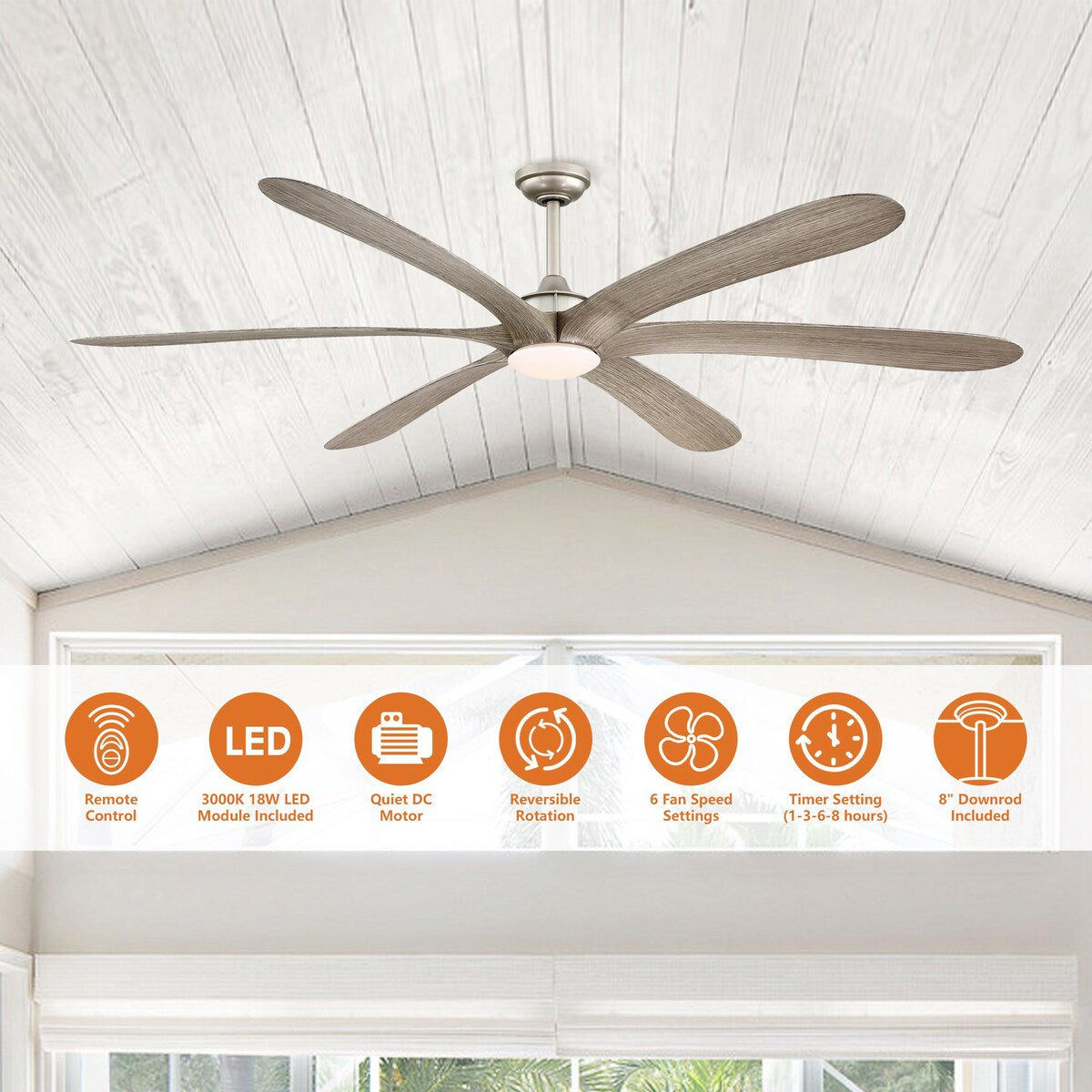 72-inch Driftwood 6-Blade Large DC Ceiling Fan with Light and Remote