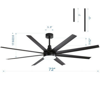72 Large Ceiling Fans with LED Light Remote Control-8 Blade - 72 Inch