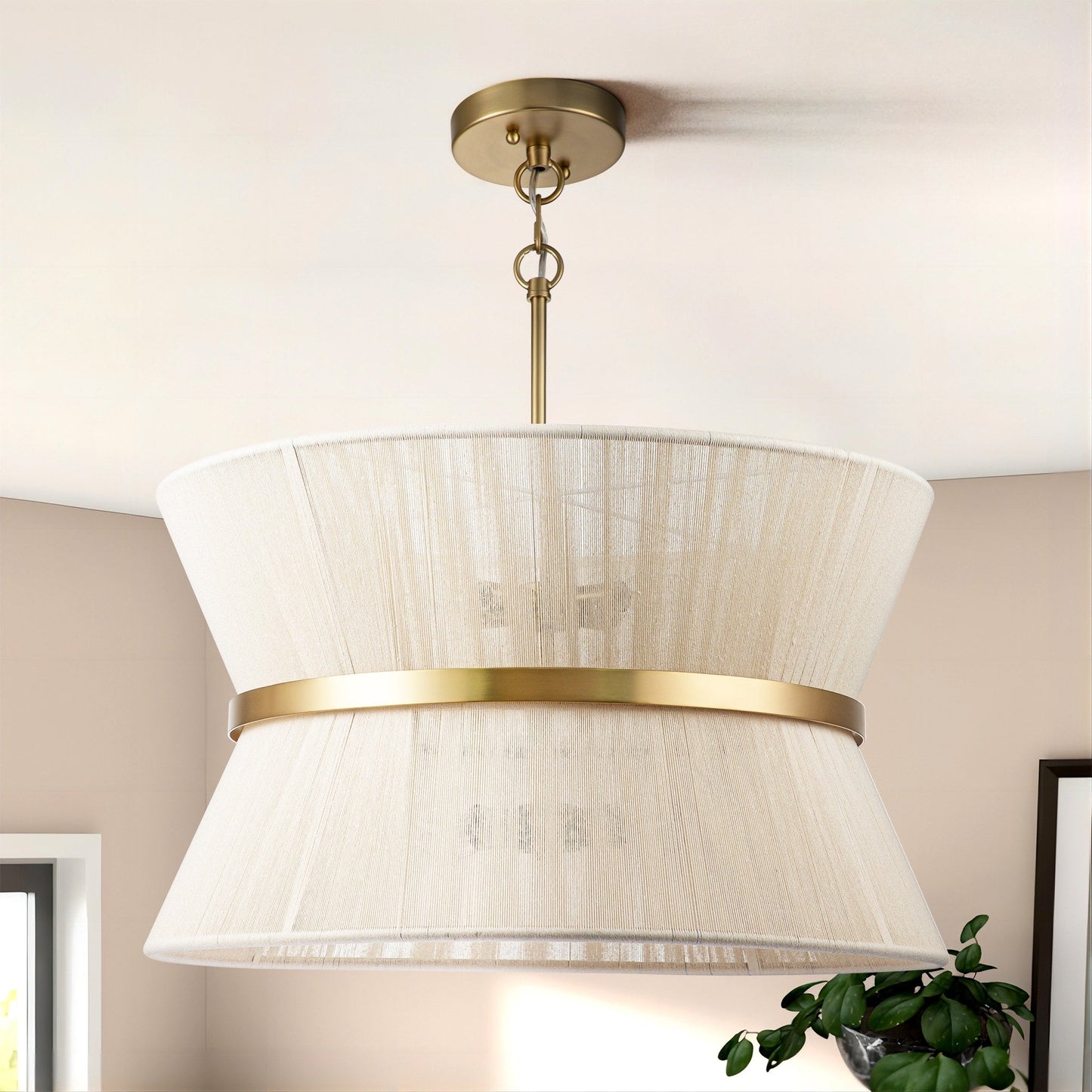 8-Light Modern Boho Large Drum Chandelier 24 inch Fabric Hourglass Hand-woven Chandelier in Gold/ Black for Dining/ Living Room