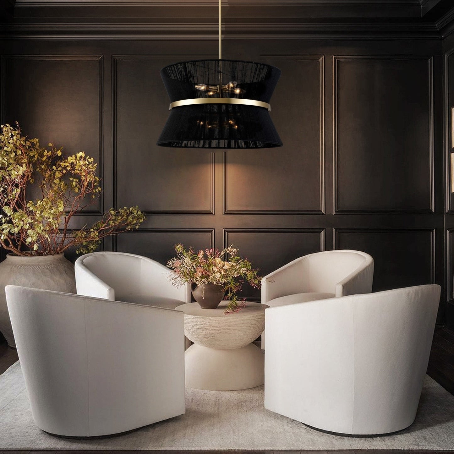 8-Light Modern Boho Large Drum Chandelier 24 inch Fabric Hourglass Hand-woven Chandelier in Gold/ Black for Dining/ Living Room