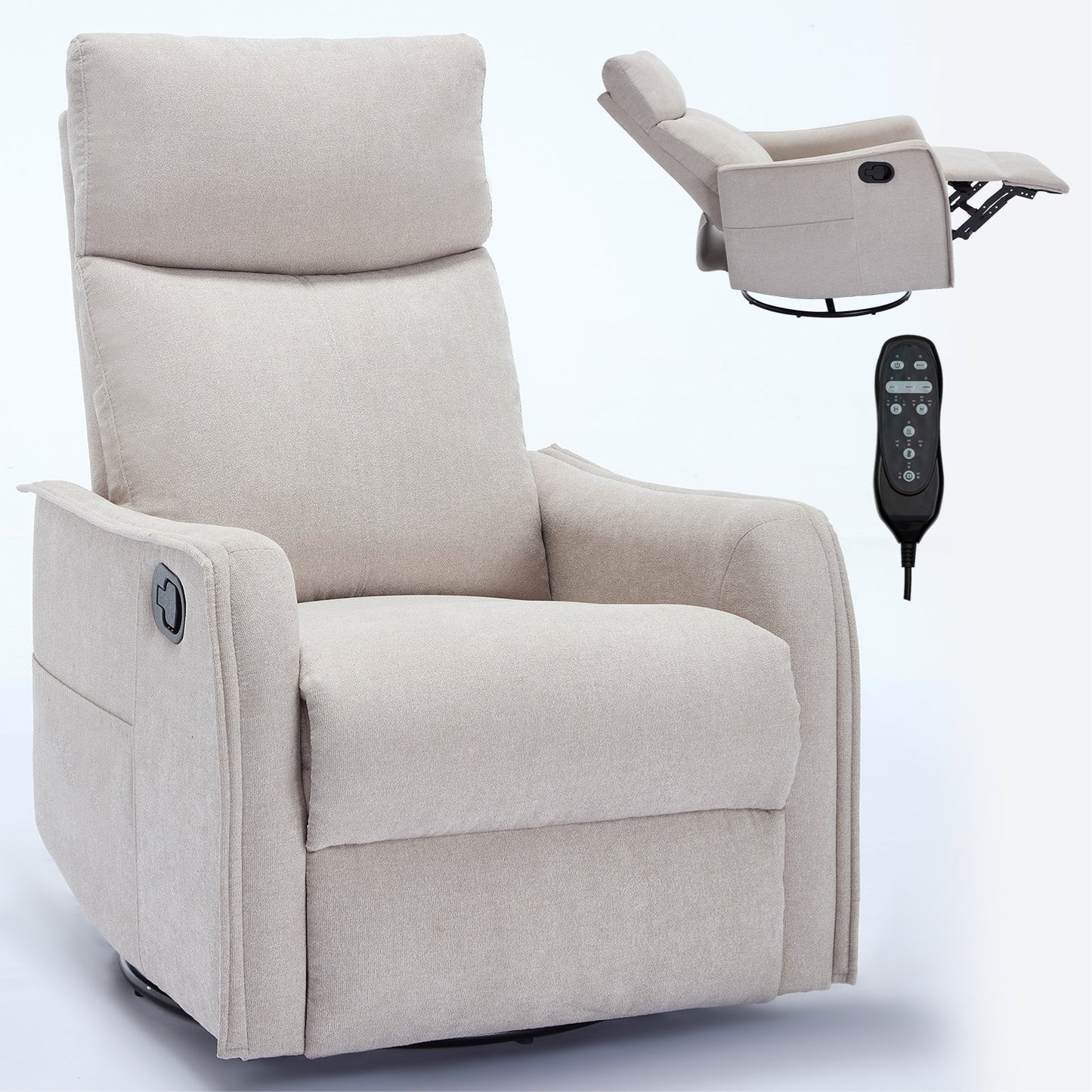8 Point Massage Manual Recliner Chair Fabric Swivel Rocking Chair Single Sofa Armchair with Rocker and Lumbar Heating