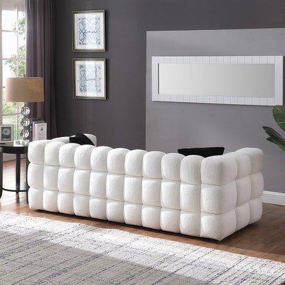 84.3 Luxurious Large Boucle Sofa 3 Seater Marshmallow Upholstered Sofa with 2pc Square Accent Pillows and Square Arm