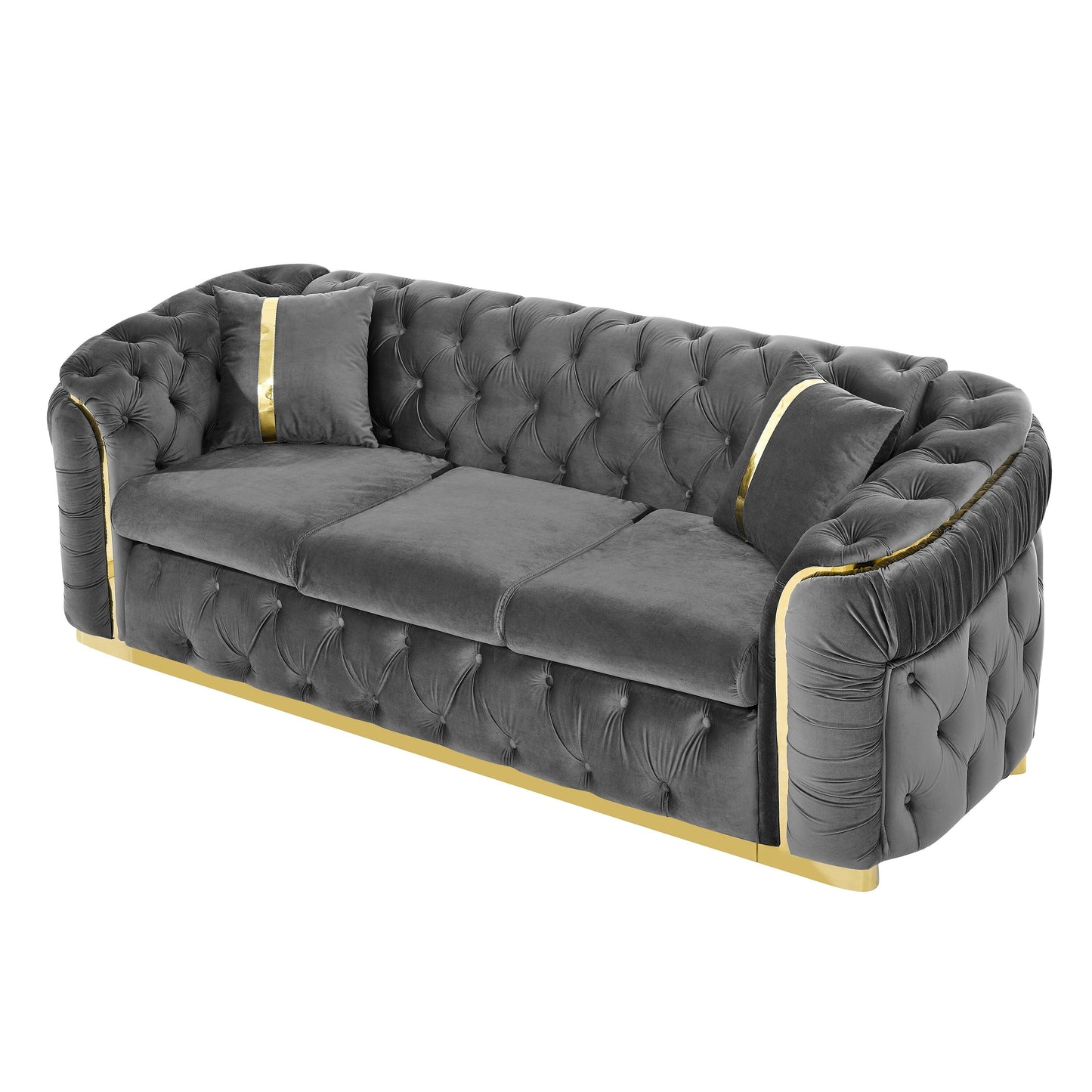 90.6 Velvet 3-Seater Sofa with 2 Pillows High-Density Cushions, Gold Accents, and Pillows