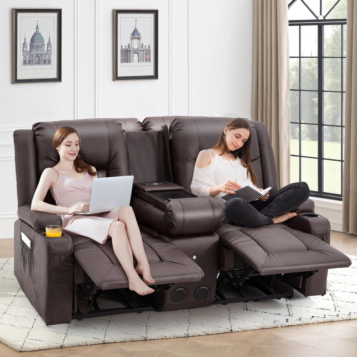 AECOJOY Recliner Sofa Manual RV Reclining Couch PU Home Theater Seating w/ Console