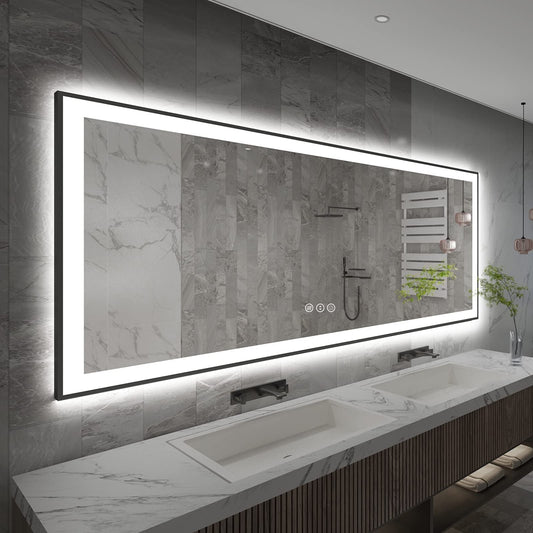 Full Size Back & Front LED Lighted Anti-Fog Tempered Glass Framed Wall Bathroom Vanity Mirror