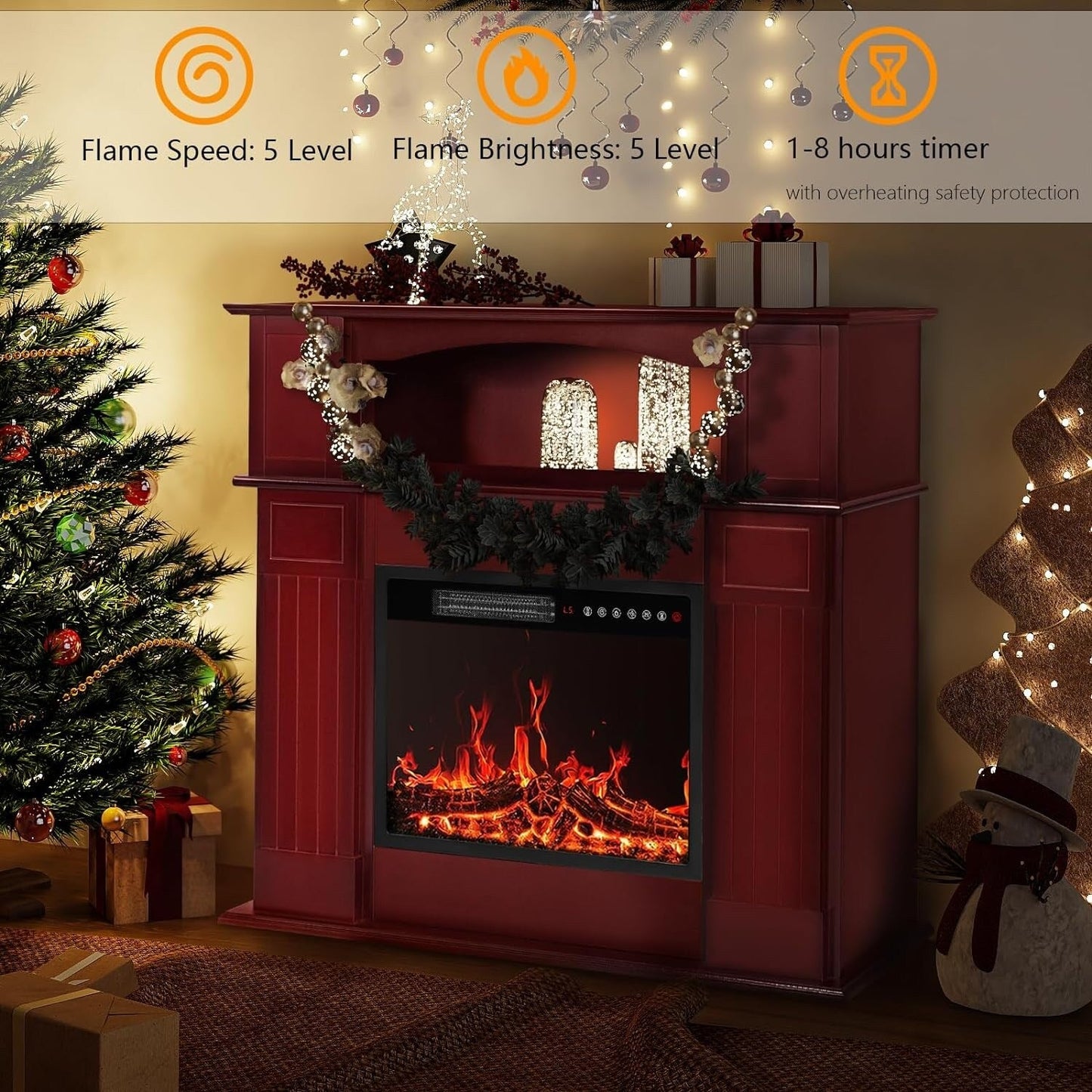 BOSSIN 43 Electric Fireplace with Mantel, 23 inch Electric Fireplace Insert,Freestanding TV Stand with Fireplace Wooden Firebox