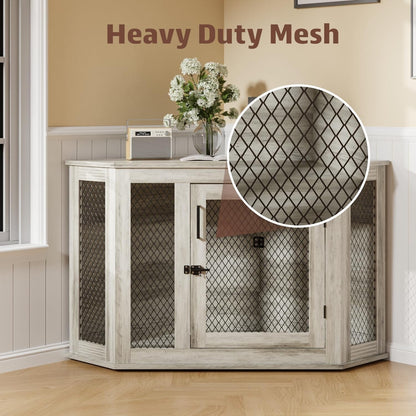 BOSSIN Corner Dog Crate Furniture,44/52 inch Wooden Dog Kennel Furniture with Mesh,Decorative Wood Dog House for Indoor use