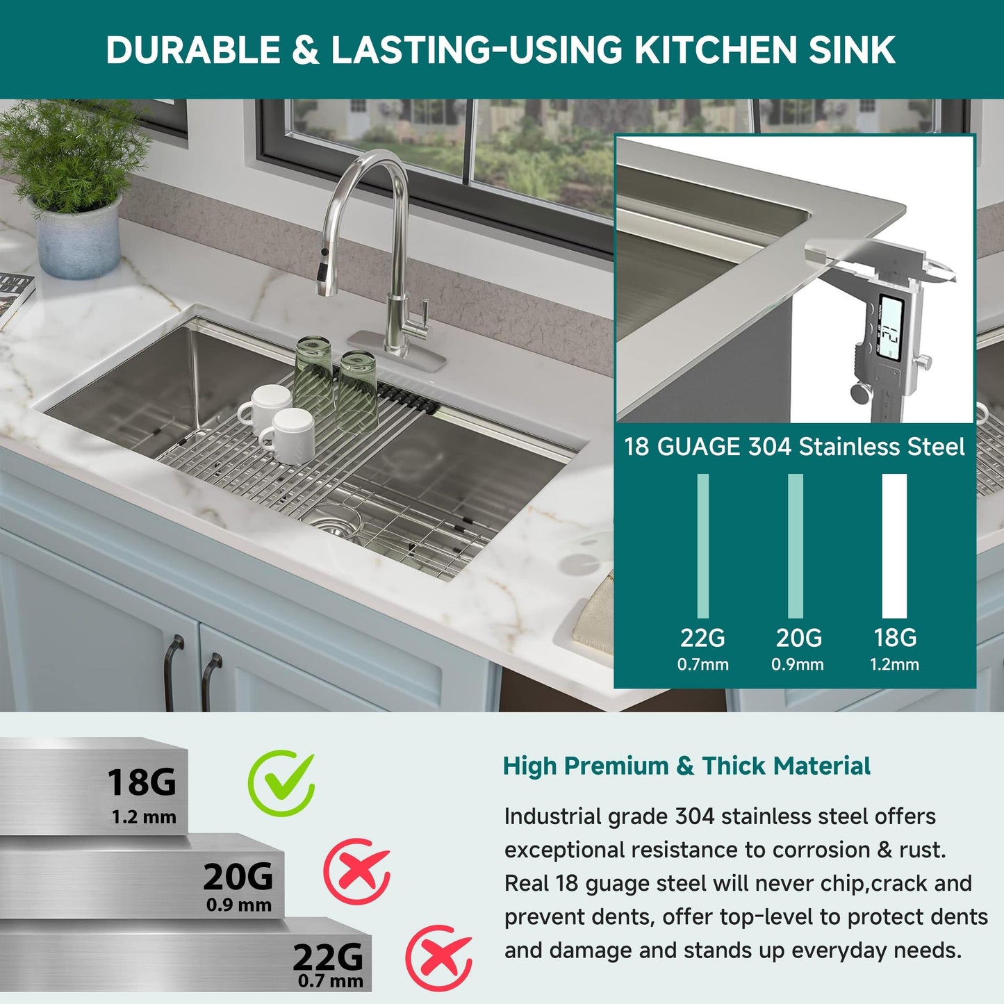 CB HOME 32'' Undermount Gold Kitchen Sink, Drop in Black/Stainless Steel Kitchen Sink, Single Bowl Kitchen Sink with Accessories