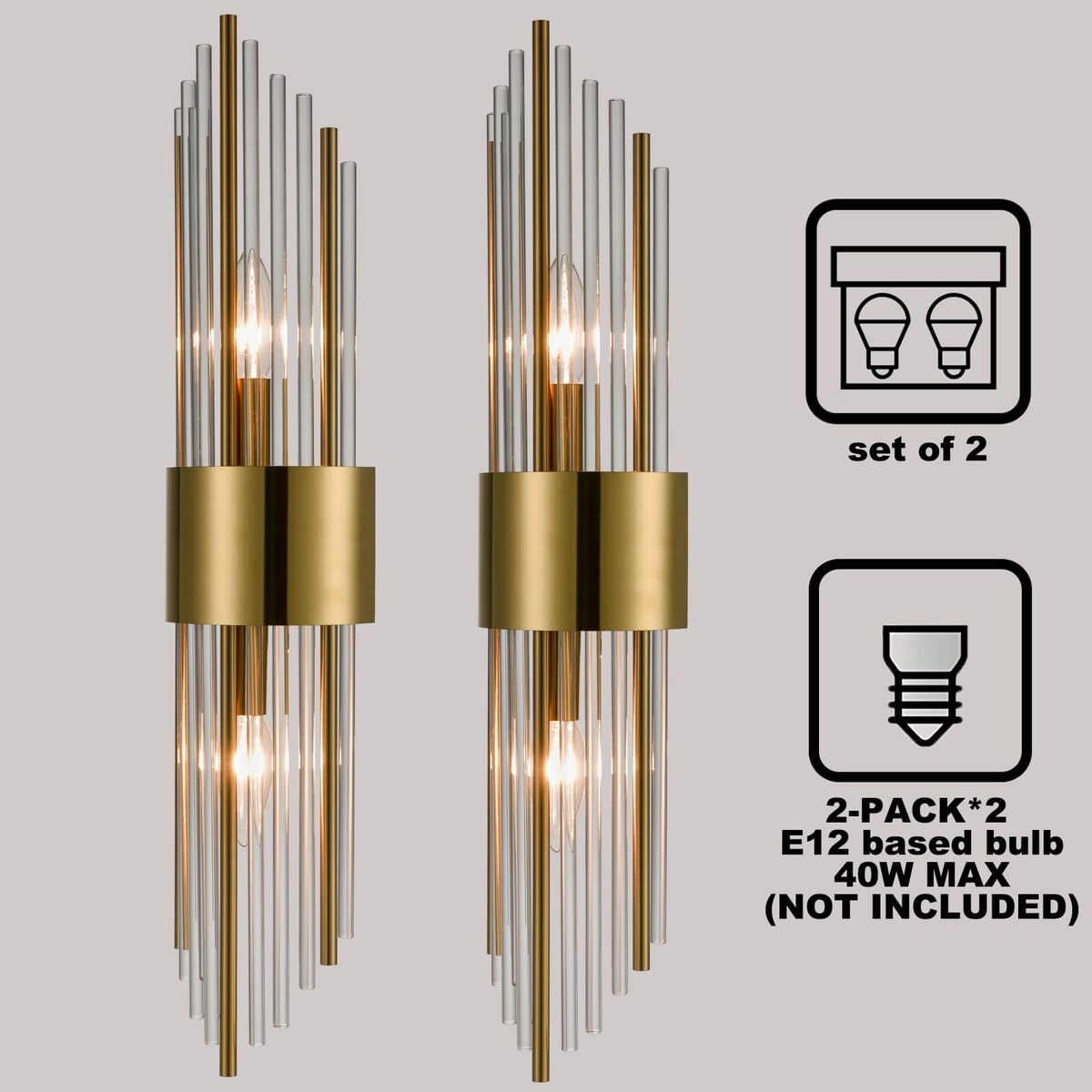 Cabrera Modern Metal Wall Sconce with Beautiful Crystal Clear Glass Rods for Bathroom Set of 2