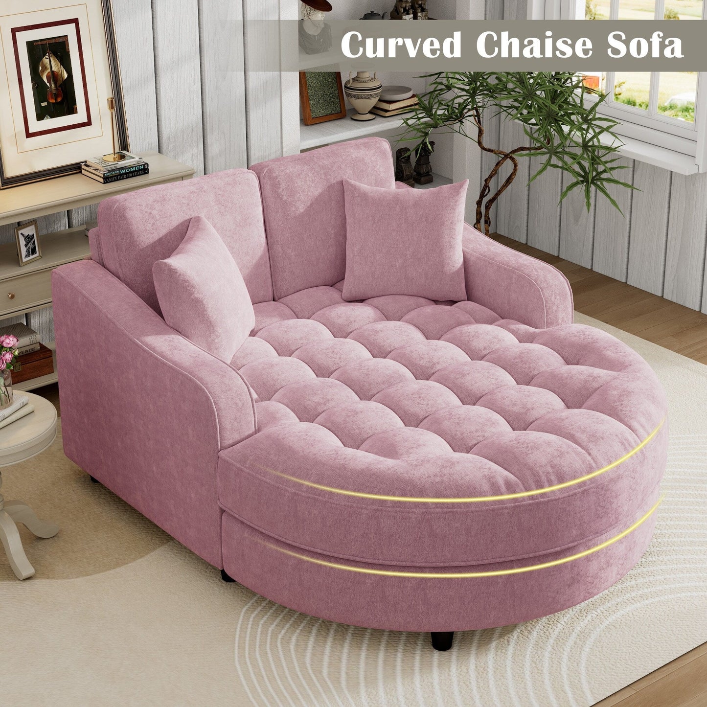 Chenille Chaise Lounge Sofa Bed, Upholstered Sofa Couch with Tufted Backrest and 2 Detachable Pillows for Living Room