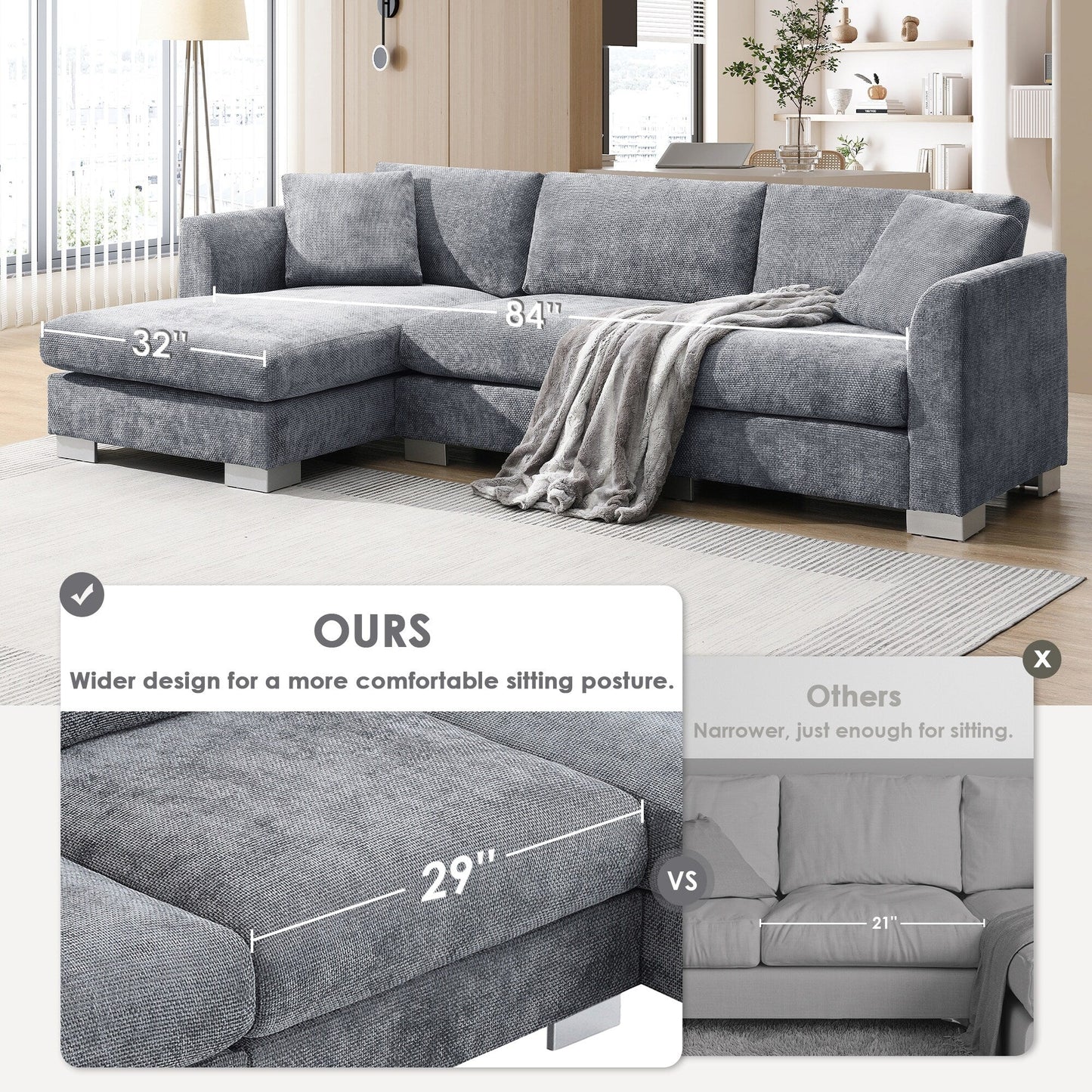 Cloud Sectional Sofa,L-Shaped Luxury Couch Set With 2 Free Pillows,4-Seat Chenille Indoor Furniture With Oversized Chaise