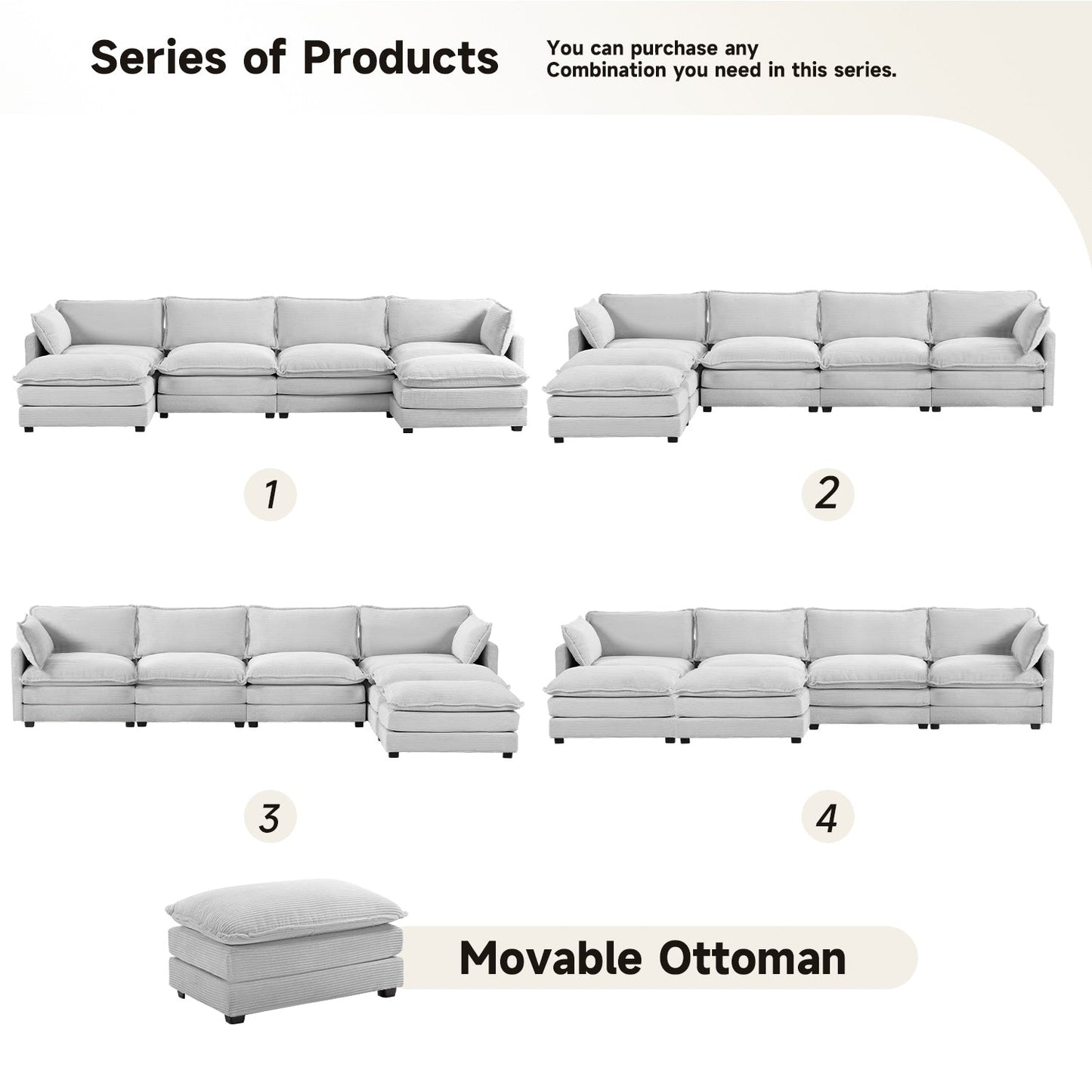 Corduroy Sectional Sofa with Removable Ottomans & Ultra-soft Cushions for Living Room & Bedroom