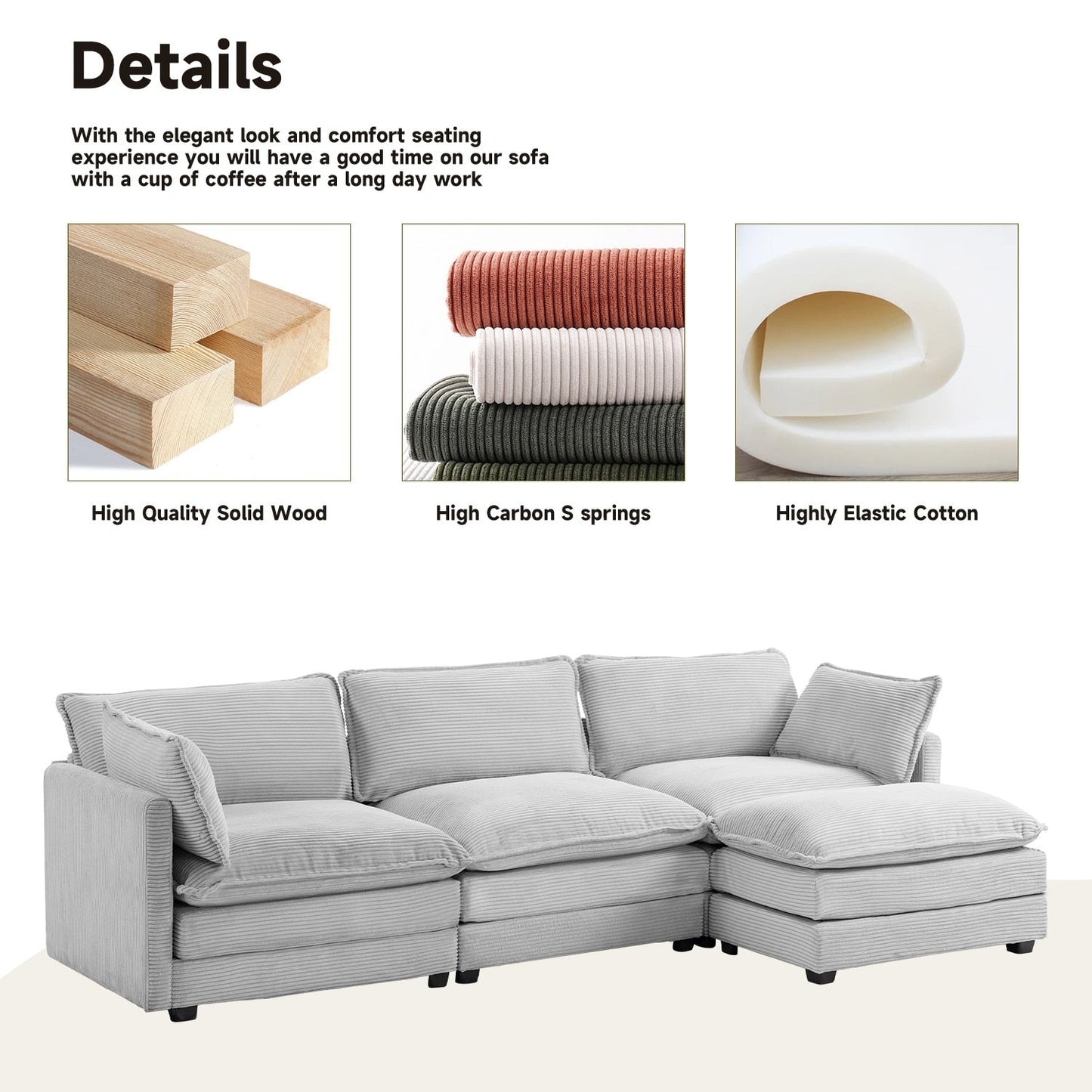 Corduroy Sectional Sofa with Removable Ottomans & Ultra-soft Cushions for Living Room & Bedroom