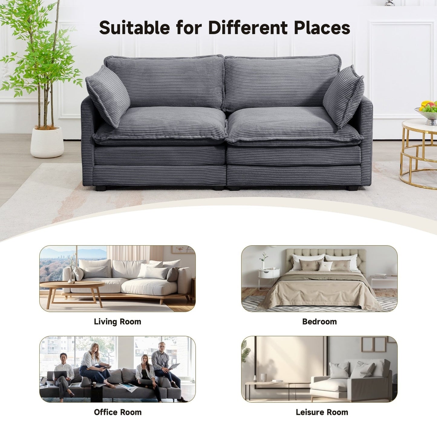 Corduroy Sectional Sofa with Removable Ottomans & Ultra-soft Cushions for Living Room & Bedroom
