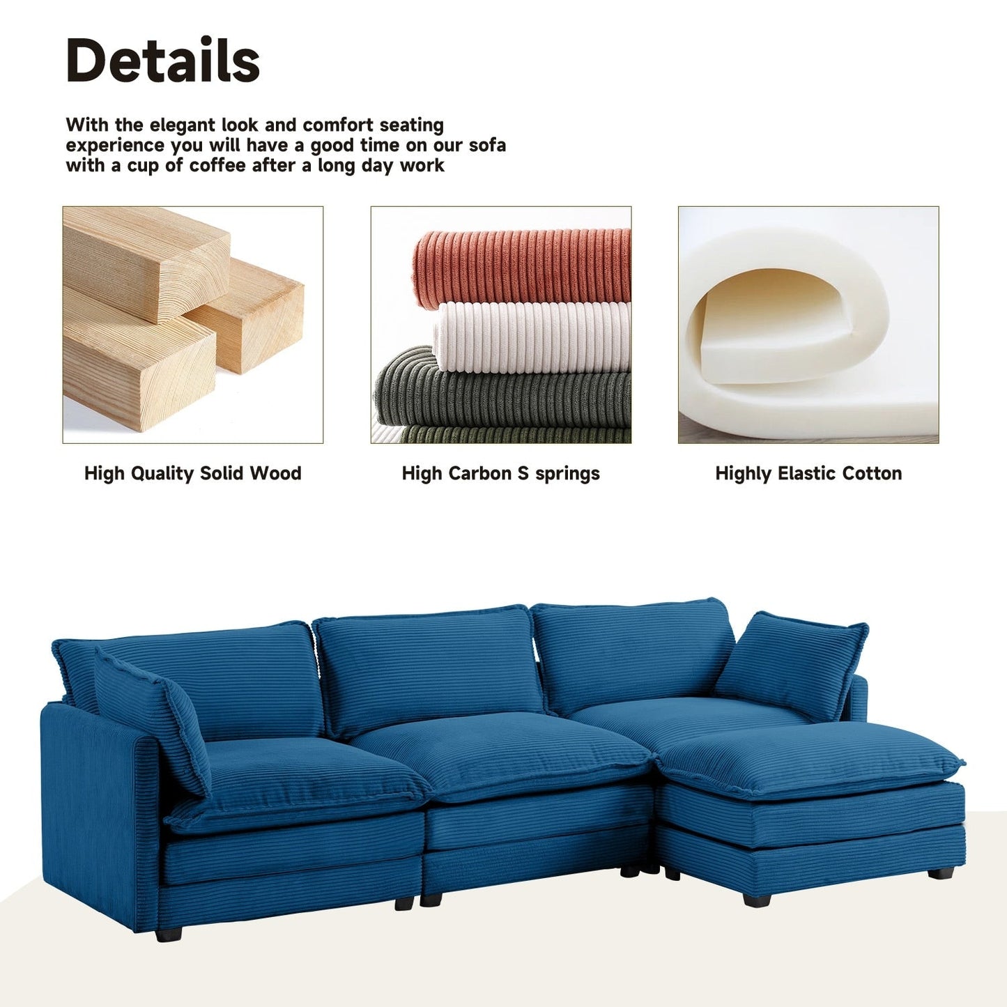 Corduroy Sectional Sofa with Removable Ottomans & Ultra-soft Cushions for Living Room & Bedroom