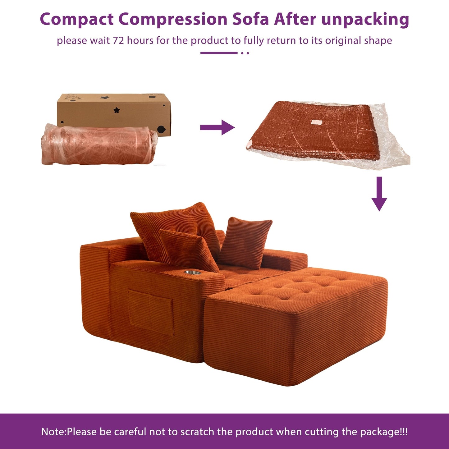 Corduroy Upholstered Memory Foam Sofa With Ottoman Upholstered Bean Bag Couch - 48.4Lx67.7Wx24.4H