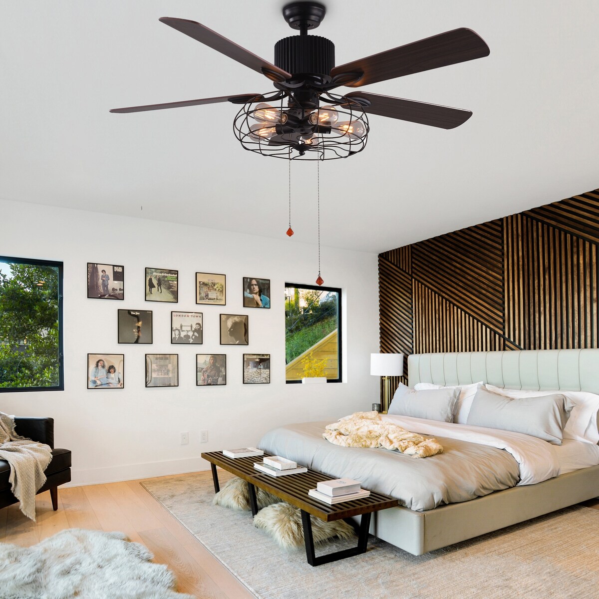 CurveCurio Farmhouse Industrial 5-Light Black Cage Ceiling Fan with Light, Remote Control and Pull Chain 42-48-52 inches