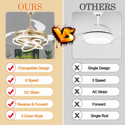 Cusp Barn 42 Retractable Ceiling Fan with Lights and Remote DIY Shape Fandelier Modern Silent DC Motor LED Ceiling Light