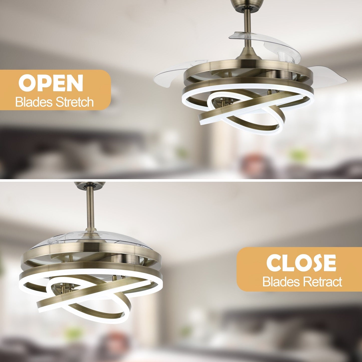 Cusp Barn 42 Retractable Ceiling Fan with Lights and Remote DIY Shape Fandelier Modern Silent DC Motor LED Ceiling Light