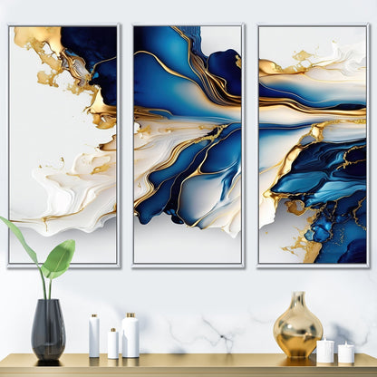 Designart Abstract Geode Gold And Blue Marble Shape III Modern Geometric Framed Canvas Art Print - 3 Panels