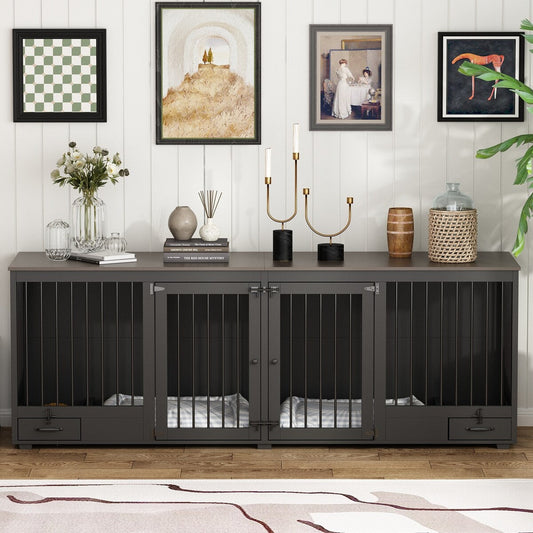 Dog Crate Furniture -Wooden Dog Kennel with Room Divider and 2 Drawers