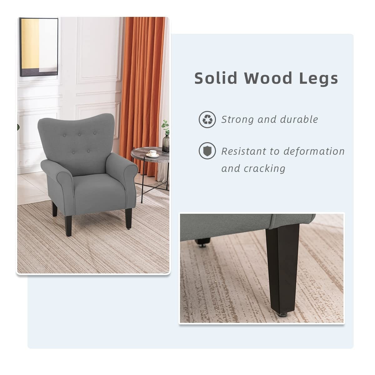 Erommy Modern Accent Chair, High Back Armchair, Upholstered Fabric Button Single Sofa with Wooden Legs for Living Room