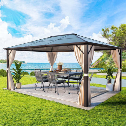 Hardtop Gazebo for Backyard – Permanent Pergola with Netting, Curtains & Double Roof, All-Weather Outdoor Shelter