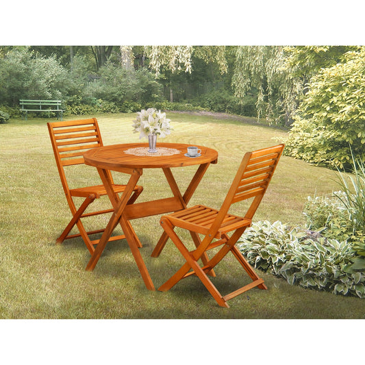 East West Furniture Outdoor Conversation Bistro Set Contains a Round Wood Coffee Table and 2 Folding Side Chairs, Natural Oil