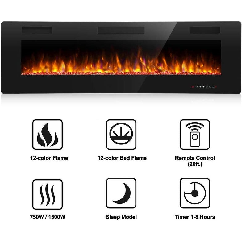 Modern Recessed Wall-mounted Multicolor LED Electric Fireplace, Ultra-thin and Low Noise