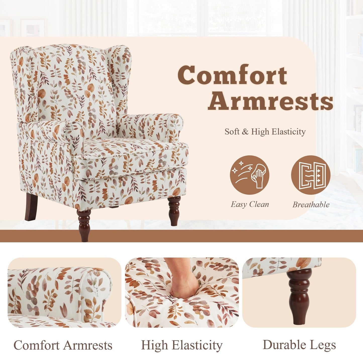 Erommy Modern Accent Chair, High Back Armchair, Upholstered Fabric Button Single Sofa with Wooden Legs for Living Room