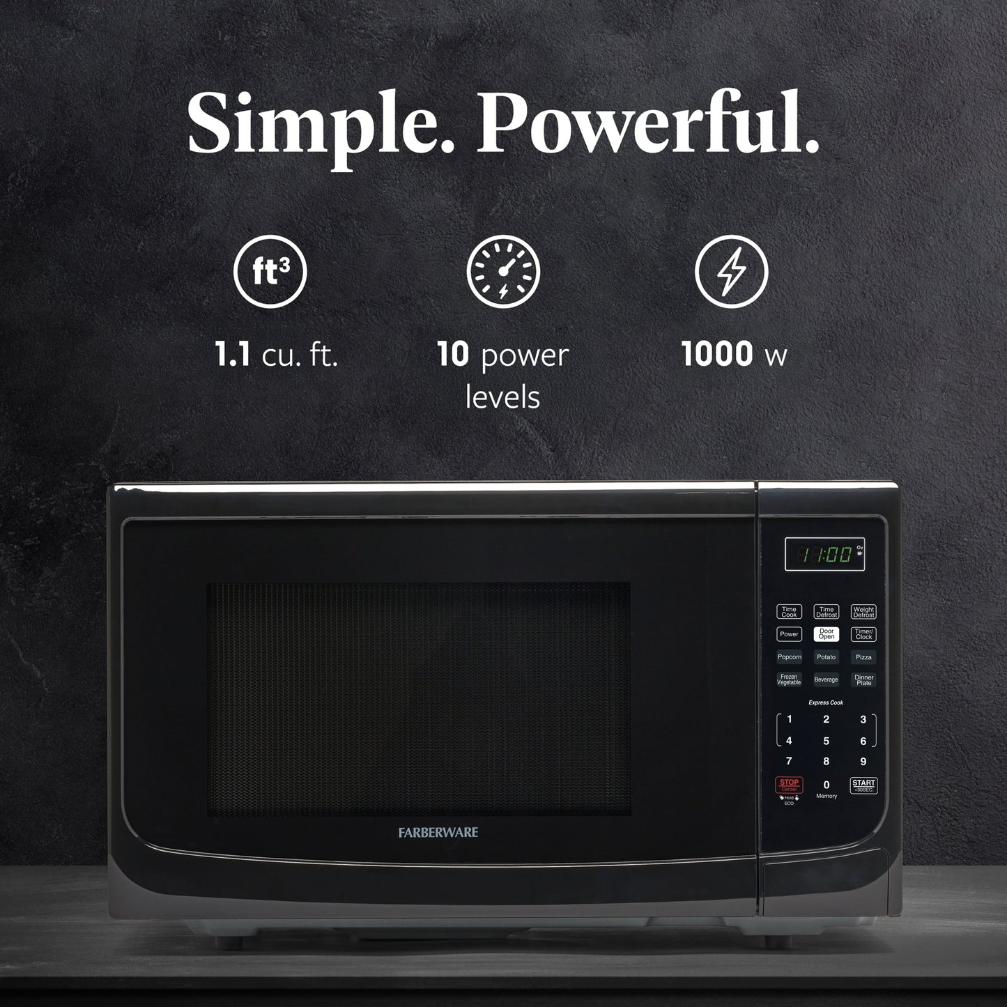Farberware 1000-Watt 1.1 Cu. Ft. Countertop Microwave Oven With LED Lighting and Child Lock