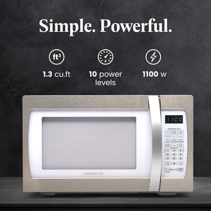 Farberware Professional 1.3 Cu. Ft. 1100-Watt Microwave Oven with Smart Sensor Cooking, White and Platinum