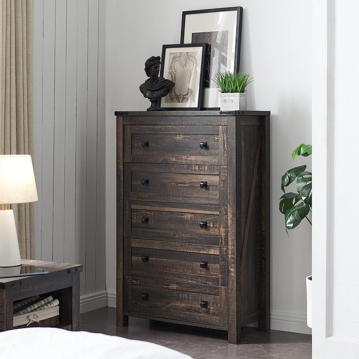 48 Tall Farmhouse 5 Drawer Wood Dresser, Chest of Drawers for Bedroom