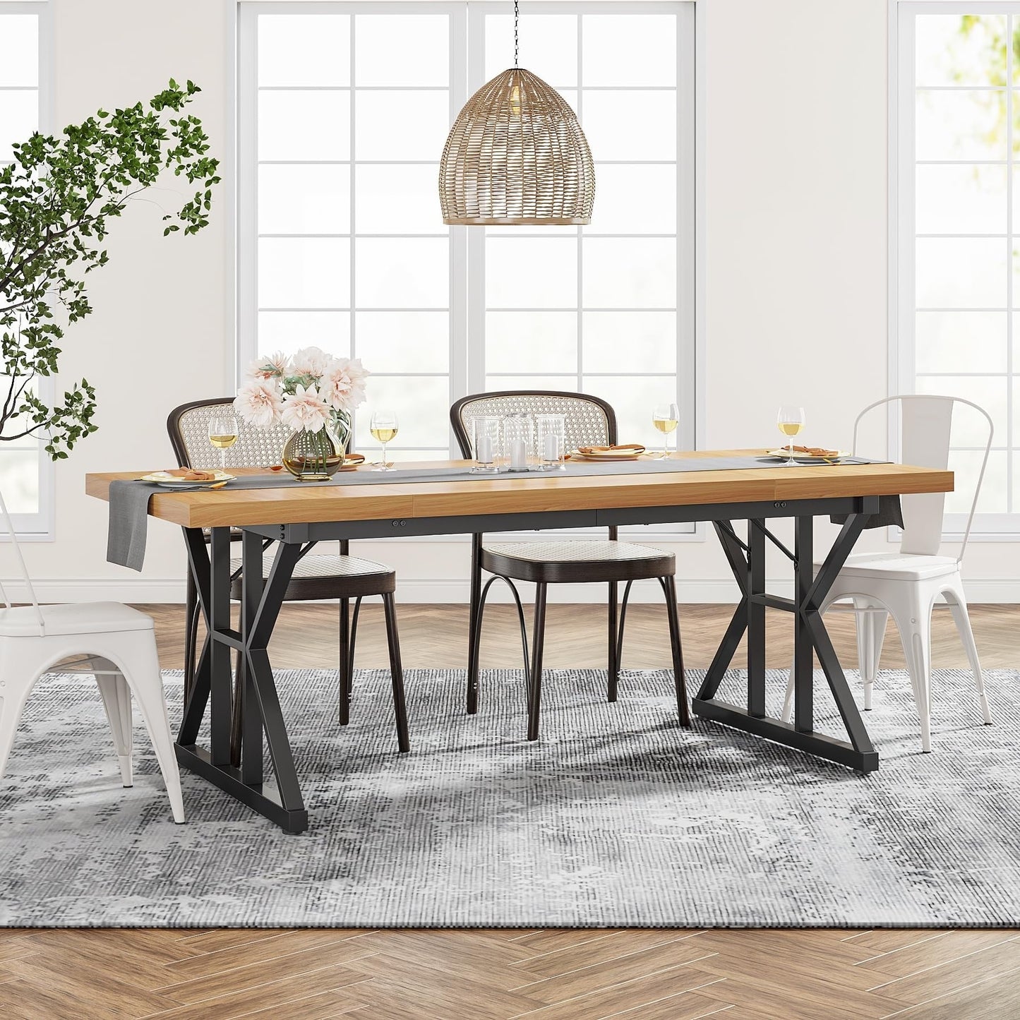 Farmhouse Dining Table for 6 People, 70.8-Inch Rectangular Wood Kitchen Table