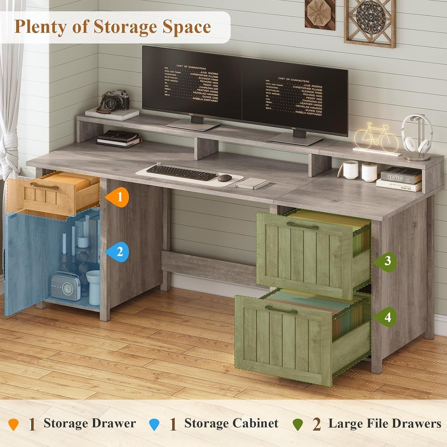 Farmhouse Executive Desk Home Office Desk File Drawer Monitor Stand Power Outlet