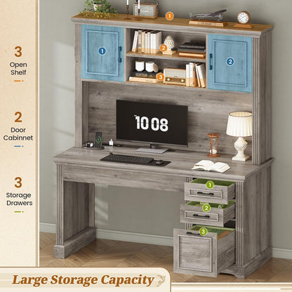 Farmhouse Executive Desk Home Office Desk File Drawer Monitor Stand Power Outlet