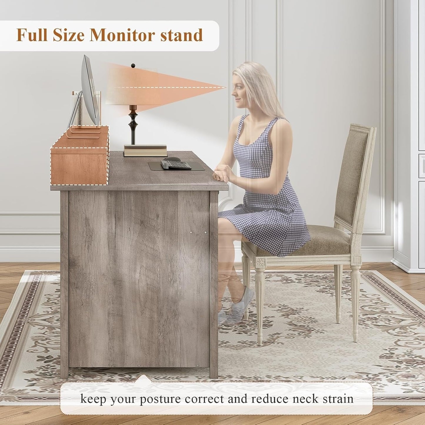 Farmhouse Executive Desk Home Office Desk File Drawer Monitor Stand Power Outlet