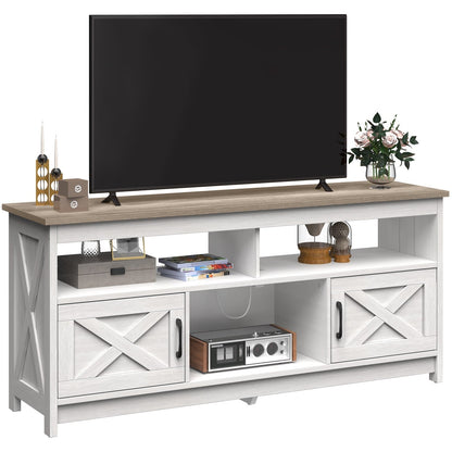 Farmhouse TV Stand for up to 65 TV with Doors and Open Shelves Media Console Power Outlet