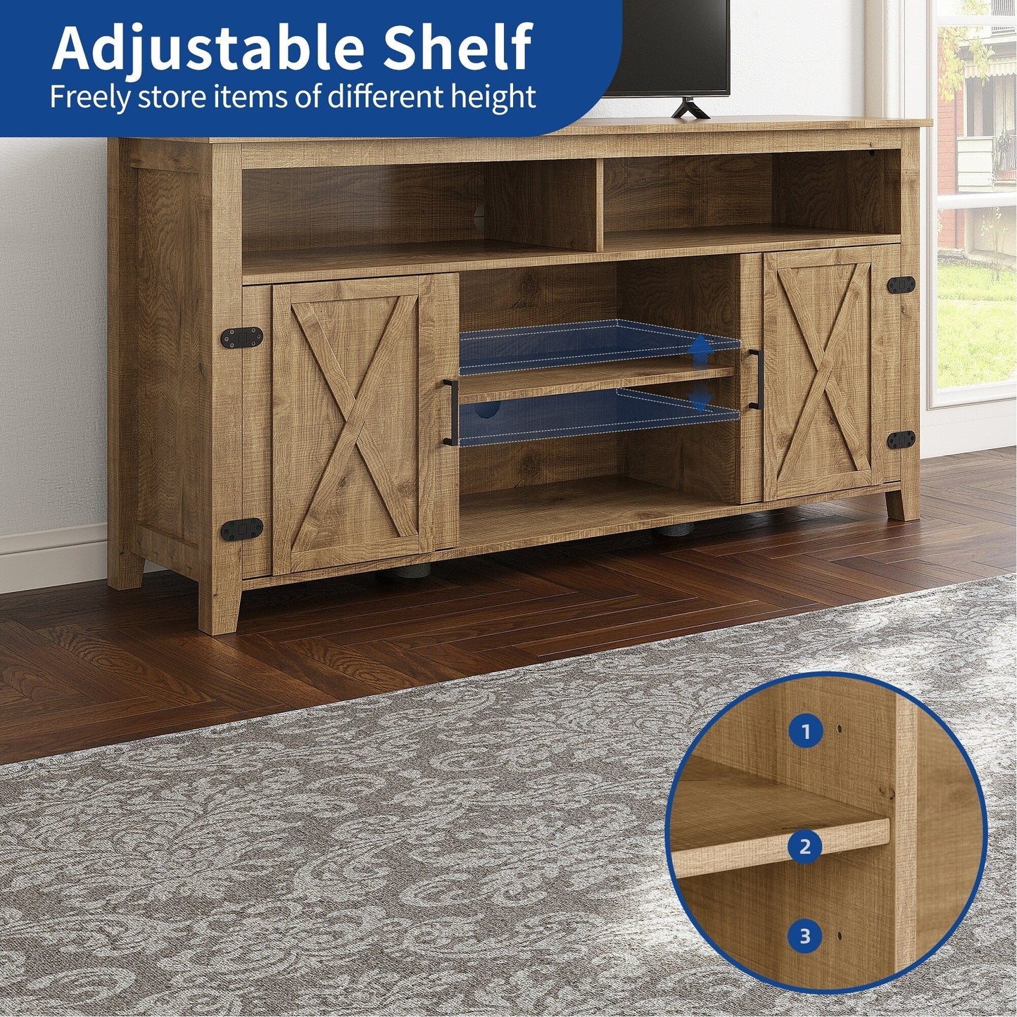 Farmhouse TV Stand for up to 65 TV with Doors and Open Shelves Media Console Power Outlet