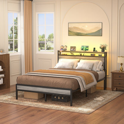 Farmhouse Wood Platform Bed Frame with Charged Station and LED Lights
