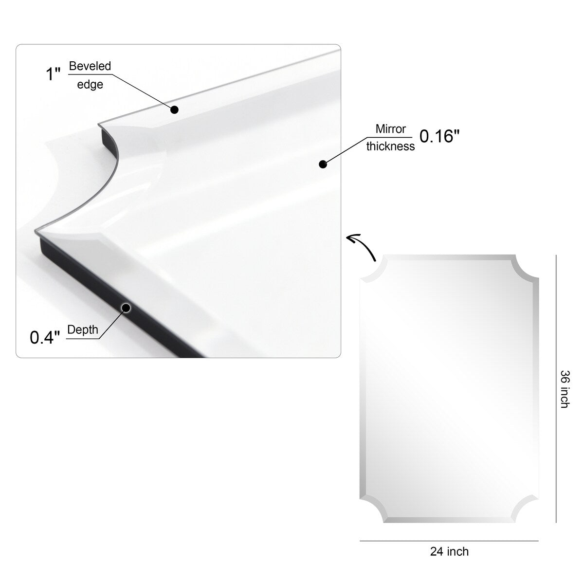 Frameless Rectangle Scalloped Beveled Wall Mirror, Bathroom, Vanity, Bedroom Mirror,1-beveled Edge - Clear